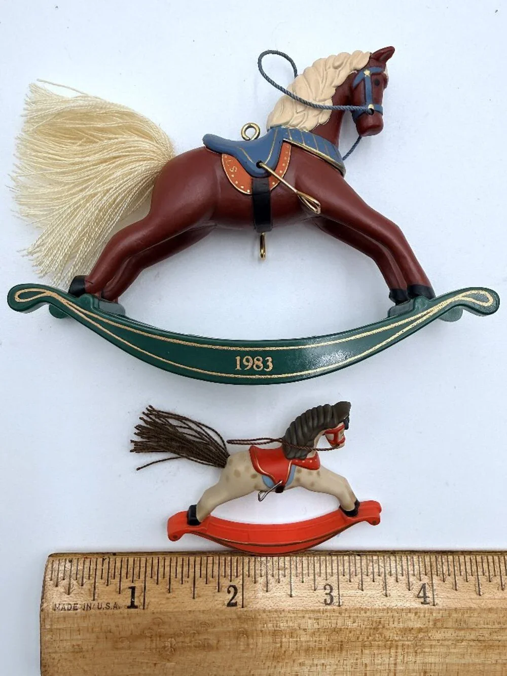 Hallmark Vtg 1983 Rocking Horse Ornament & 1981 Inspired Rocking Horse Lapel Pin